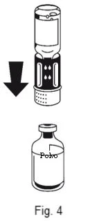 Diagram showing a syringe with drops of liquid being inserted into a vial containing powder, with a black arrow pointing downward