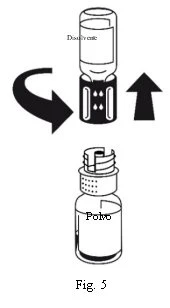 Diagram showing the pouring of solvent into a vial with powder, using arrows indicating downward movement