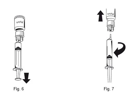 Medical diagram with two figures: Fig. 6 shows a syringe pushing down into a vial of powder, Fig. 7 shows the vial being withdrawn