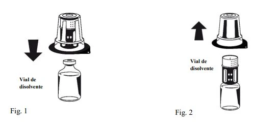 Diagramma in due fasi che mostra il posizionamento di un tappo su un flacone di solvente e la successiva rimozione verso l'alto