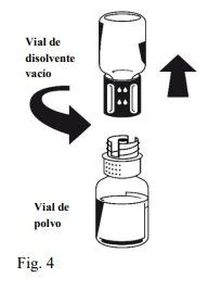 Diagramma che mostra il rovesciamento di un flacone di solvente vuoto sopra un flacone di polvere per mescolare i componenti