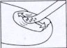 Schematic drawing showing the rotational movement of a tablet or circular object on a flat surface, indicated by curved arrows