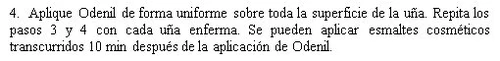 Spanish text on a white background explaining how to evenly apply the Odenil product to each affected nail and the