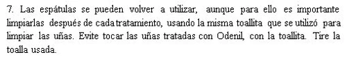 Spanish text on a white background explaining how to clean the spatulas after treatment and the
