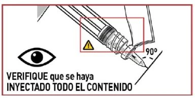 Disegno tecnico di una siringa tenuta a 90 gradi con un simbolo di avvertimento giallo e la scritta in spagnolo per verificare l