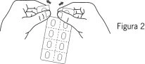 Two hands gently separating two blisters of white oval pills, indicated by black arrows pointing to the