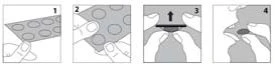 Sequence of four illustrated steps showing how to remove a tablet from a blister pack by bending and pressing to push it out