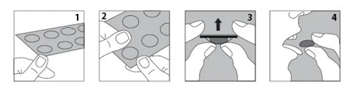 Sequence of four illustrations showing how to extract a tablet from a blister pack and place it in the mouth