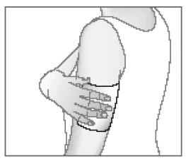 Disegno stilizzato di una mano che applica un cerotto o una medicazione sulla parte superiore del braccio di una persona