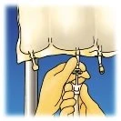Two hands hold a syringe with a needle to draw liquid from a medical vial with a rubber stopper against a blue background