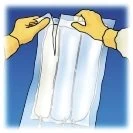Two gloved hands in yellow gloves holding and opening a transparent plastic pouch containing three white vials arranged vertically against a blue background