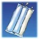 Three elongated cylindrical white bags with small upper tubes arranged vertically against a gradient blue background