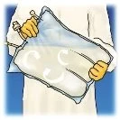 Two hands with yellow gloves holding a transparent infusion bag containing a clear liquid against a blue and white background