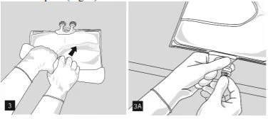 Disegno tecnico che mostra due mani che aprono una confezione di farmaco e una mano che ruota un tappo di plastica per aprirlo