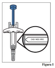 Diagram of a syringe with an enlargement showing the label 'EXP: MON YEAR' on the upper part of the device body