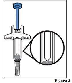 Technical diagram of a medical device with a syringe and an enlarged detail of the tip showing gray liquid inside