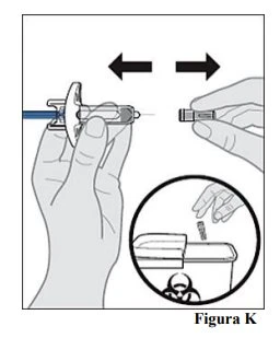 Technical drawing showing a hand moving a syringe horizontally toward a cap and a circular insert, disposing of it into a biohazard waste container
