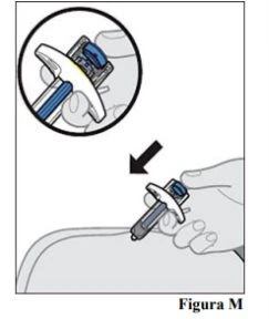 Medical illustration showing a hand holding an injection device applied to the skin with a black directional arrow