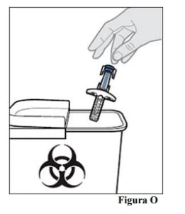 A hand holding an injection pen discarding it into a biohazard waste container marked with the biohazard symbol