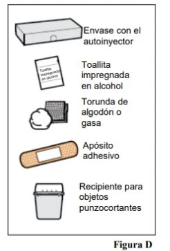 Disegno di un autoiniettore, una salvietta imbevuta di alcol, un batuffolo di cotone, un cerotto adesivo e un contenitore per oggetti taglienti