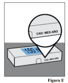 Ingrandimento circolare che mostra la dicitura CAD: MES AÑO su un lato di una scatola bianca rettangolare con scritte blu sulla parte superiore