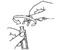 Technical illustration showing two hands turning a plastic cap on the neck of a medical bottle to open or seal it