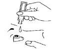 Line drawing of a hand holding a vial to dispense a drop of liquid