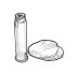 Black and white drawing of a vertical cylindrical vial next to two flat oval tablets resting on a surface