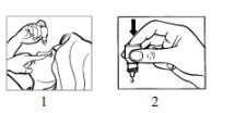 Two-step illustration showing a hand opening a bottle and a hand taking a drop of liquid with a dropper