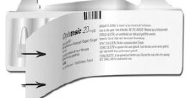 White Oftesic 20mg drug package with black text and two black arrows indicating the direction to open the instruction leaflet