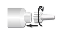 Illustration of a white bottle with a screw cap being unscrewed by turning it counterclockwise, as indicated by the black arrows