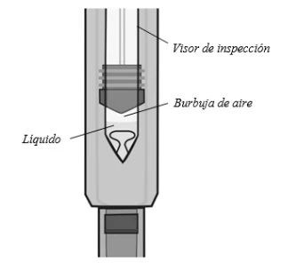 Diagramma tecnico di una siringa con visore di ispezione, bolla d'aria e relative etichette