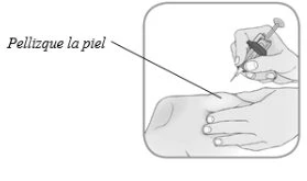 Disegno tecnico che mostra una mano che pizzica la pelle del braccio mentre l'altro indice indica il punto di iniezione