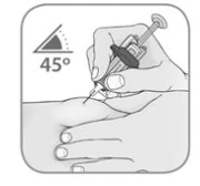 Una mano impugna una siringa per iniettare un farmaco in un braccio con un angolo di 45 gradi indicato da un simbolo grafico