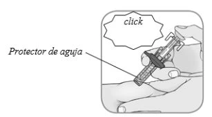 Disegno tecnico di una mano che impugna un dispositivo medico con la scritta "click" in un fumetto e una linea che indica il protettore dell'ago