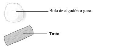 Disegno di una pallina di cotone o garza bianca e una striscia di cerotto grigia con linee di indicazione testuali su sfondo bianco
