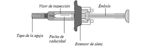 Diagramma di una siringa con etichette in spagnolo che indicano il cappuccio dell'ago