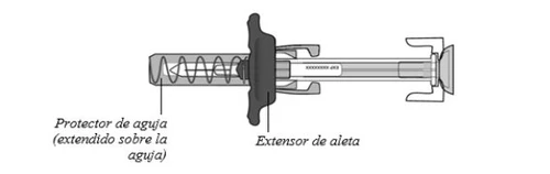 Disegno tecnico di un dispositivo medico con protezione dell'ago