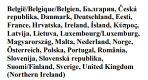 Elenco di nomi di vari paesi europei scritti in diverse lingue su sfondo bianco come parte di un foglietto illustrativo medico