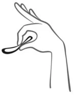 Disegno a tratto nero di una mano che tiene tra pollice e indice un cucchiaino con un contenuto liquido o semiliquido