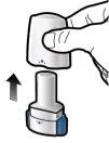 A hand lifts a white cap from a cylindrical medical device with a blue base, indicated by a black arrow pointing toward the