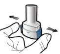 Two hands hold a white and blue medical device with black arrows indicating lateral rotational movement