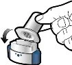 A hand rotates downward the protective cap of a blue and white cylindrical medical device to open it