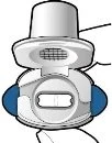 White medical device with a central rectangular button and two blue side grips on a white background