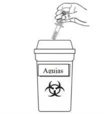 A hand holding a syringe over a biohazard waste container labeled 'Agujas' with the biohazard symbol