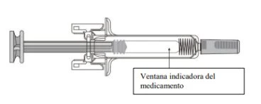 Technical drawing of a horizontal syringe with a medication indicator window highlighted by a box containing Italian text
