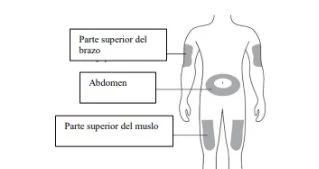Diagram of the human body indicating injection sites: upper arm, abdomen, and upper thigh