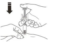 Two hands holding a syringe to insert it into the skin, with a black downward-pointing arrow indicating the direction of pressure