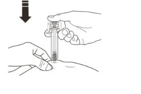 Two hands holding a syringe to inject it vertically into the skin of a body part, indicated by a black downward-pointing arrow