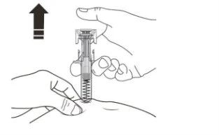 Technical drawing showing two hands holding a medical device for injection